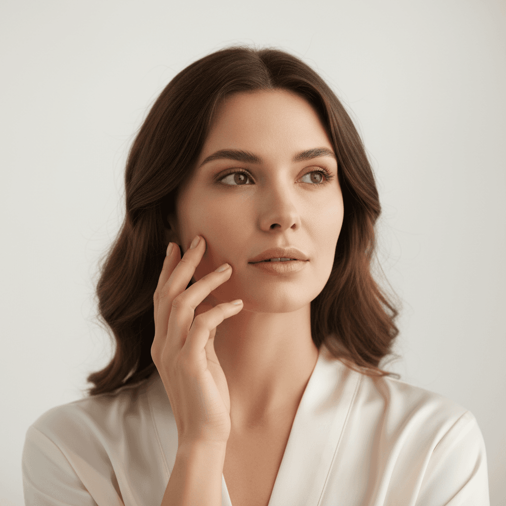 Mulher tocando o rosto com expressão pensativa em fundo limpo e iluminação suave de estúdio sobre skincare.