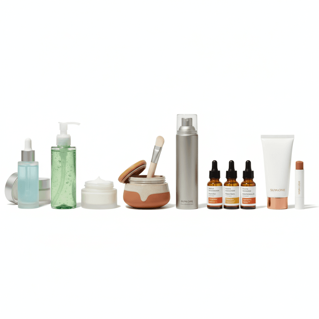 Vários produtos de skincare em fileira sobre fundo branco limpo, estilo editorial de beleza.