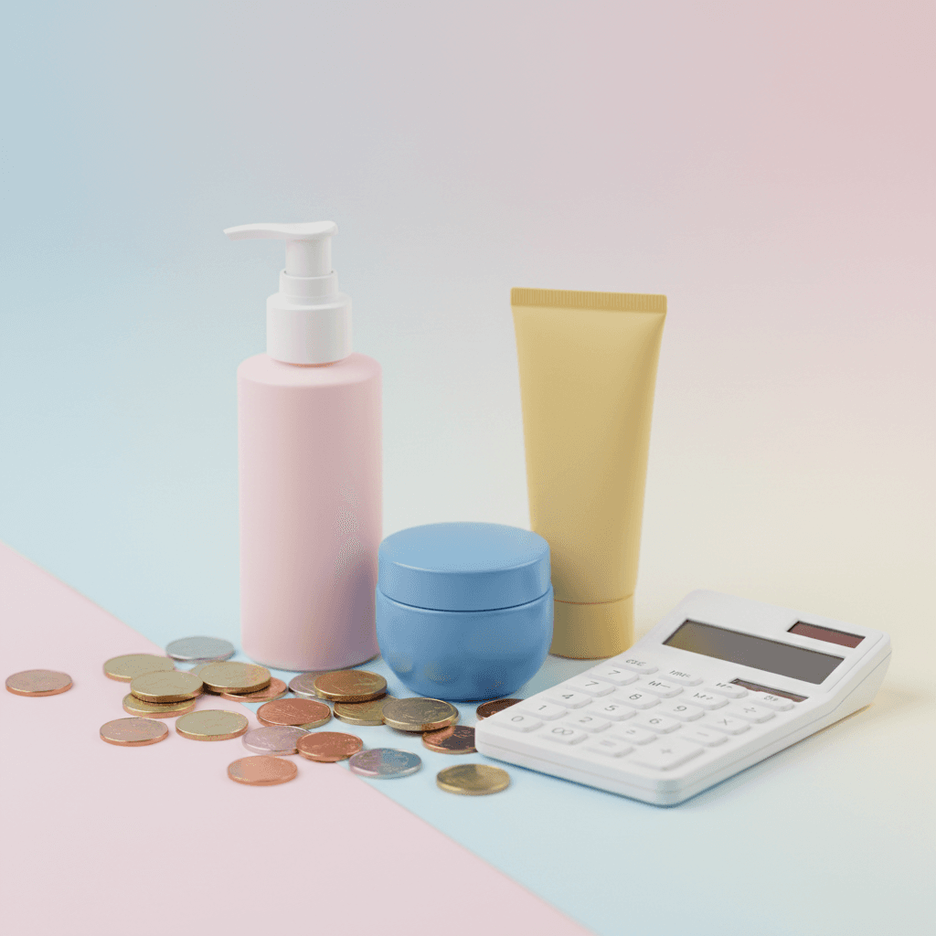 Produtos de skincare ao lado de moedas e uma calculadora em fundo pastel evidenciando o conceito de beleza e orçamento.
